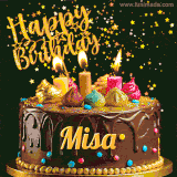 A delightful chocolate birthday cake with bright candles and 'Happy Birthday Misa' written in gold amidst a shower of animated stars.