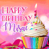 A vibrant birthday GIF featuring a rainbow-colored cupcake topped with white frosting, sprinkles, and a lit candle. The text reads 'Happy Birthday Misae' in bold pink and violet letters with white outline.