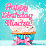 A festive cupcake with pink icing, a gingham bow, and a lit animated sparkler, paired with 'Happy Birthday Mischa!' in bright pink text.
