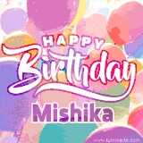 A vibrant name GIF featuring colorful balloons in shades of pink, orange, and yellow with the bold text 'Happy Birthday Mishika' in festive fonts, creating a lively birthday vibe.