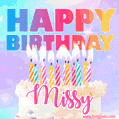Animated Happy Birthday Cake with Name Missy and Burning Candles