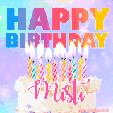 A vibrant animated name GIF with the words 'Happy Birthday Misti' with colorful candles on a creamy cake. The background sparkles with pastel shades, adding a festive touch.