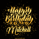 Animated GIF with colorful, festive 'Happy Birthday Mitchell' text decorated with patterns, a party hat, and falling confetti. A vibrant and cheerful design for birthday celebrations.
