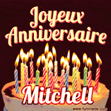 A Happy Birthday GIF in French featuring a festive birthday cake adorned with bright candles and the glowing text 'Joyeux Anniversaire Mitchell' in a cheerful style.