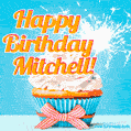 A cheerful animated GIF of a cupcake with creamy frosting, a red checkered ribbon, and a bright sparkler on top. The text 'Happy Birthday Mitchell!' is displayed in vibrant orange and red.
