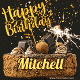 Animated GIF featuring the text 'Happy Birthday Mitchell' written in glittering gold above the luxurious chocolate birthday cake adorned with truffles, gold stars, and sparklers.