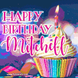 A festive animated GIF featuring a colorful cupcake with a single lit candle, sprinkles, and 'Happy Birthday Mitchell' text against a sparkling, celebratory background.