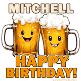 Animated GIF with name Mitchell featuring two smiling beer mugs with frothy tops, toasting in celebration. The text reads 'Mitchell, Happy Birthday!' in bold letters.