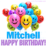 An animated birthday-themed name GIF with colorful smiling balloons and bold 'Mitchell, Happy Birthday!' text for a celebratory touch.