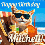 A cheerful cat wearing sunglasses, enjoying drinks on a sunny beach chair, with the text 'Happy Birthday Mitchell!' in bright letters.
