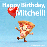 Happy Birthday Mitchell greeting with an adorable smiling pizza and a red balloon