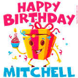 A funny animated birthday GIF with the words 'Happy Birthday Mitchella', colorful gift box with arms and legs, holding a cupcake with a lit candle  with confetti everywhere.