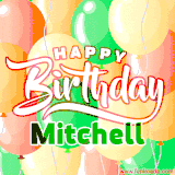 Animated GIF featuring colorful balloons in the background with the cheerful text 'Happy Birthday Mitchell'.
