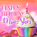 A vibrant birthday GIF featuring a rainbow-colored cupcake topped with white frosting, sprinkles, and a lit candle. The text reads 'Happy Birthday Miw-Sher' in bold pink and violet letters with white outline.