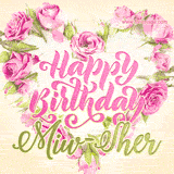 A stunning heart made of pink roses surrounds the elegant script text 'Happy Birthday Miw-Sher' on a soft beige background. Animated sparkles add a magical and festive feel.