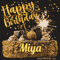 Celebrate Miya's birthday with a GIF featuring chocolate cake, a lit sparkler, and golden stars