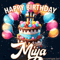 Hand-drawn happy birthday cake adorned with an arch of colorful balloons - name GIF for Miya