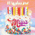 Personalized for Miya elegant birthday cake adorned with rainbow sprinkles, colorful candles and glitter