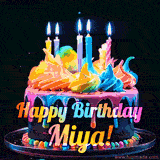 A mesmerizing animated cake with multicolor frosting and candles, and the words 'Happy Birthday Miya' on the black background.
