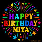Personalized greeting card with name, colorful text that says 'Happy Birthday Miya' surrounded by animated fireworks and multicolor stars