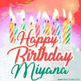 Bright birthday candles with rainbow flames on a cake, alongside the text 'Happy Birthday Miyana' in vibrant script in this celebratory animated GIF.