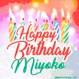Bright birthday candles with rainbow flames on a cake, alongside the text 'Happy Birthday Miyoko' in vibrant script in this celebratory animated GIF.