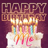 A colorful birthday cake topped with lit candles, with the words 'Happy Birthday Mo' in bold glowing letters on a burgundy background. Animated flames add a festive touch.