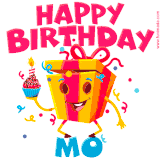 A vibrant and funny gift box character with a happy face dancing with a cupcake and the text 'Happy Birthday Mo,' surrounded by animated confetti and party vibes.