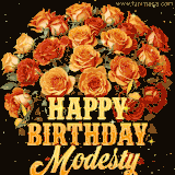Animated bouquet of orange roses with moving butterfles and golden 'Happy Birthday Modesty' text, surrounded by sparkling accents and a dark backdrop for a luxurious feel.