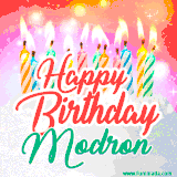 Bright birthday candles with rainbow flames on a cake, alongside the text 'Happy Birthday Modron' in vibrant script in this celebratory animated GIF.
