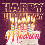 A colorful birthday cake topped with lit candles, with the words 'Happy Birthday Modron' in bold glowing letters on a burgundy background. Animated flames add a festive touch.