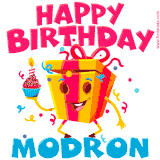 A vibrant and funny gift box character with a happy face dancing with a cupcake and the text 'Happy Birthday Modron,' surrounded by animated confetti and party vibes.