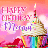 A vibrant birthday GIF featuring a rainbow-colored cupcake topped with white frosting, sprinkles, and a lit candle. The text reads 'Happy Birthday Moema' in bold pink and violet letters with white outline.