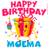 A vibrant and funny gift box character with a happy face dancing with a cupcake and the text 'Happy Birthday Moema,' surrounded by animated confetti and party vibes.