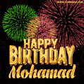 Wishing You A Happy Birthday, Mohamad! Best fireworks GIF animated greeting card.