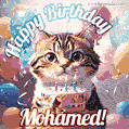 Happy birthday gif for Mohamed with cat and cake