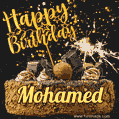 Celebrate Mohamed's birthday with a GIF featuring chocolate cake, a lit sparkler, and golden stars