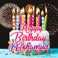 Amazing Animated GIF Image for Mohamud with Birthday Cake and Fireworks