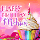 A vibrant birthday GIF featuring a rainbow-colored cupcake topped with white frosting, sprinkles, and a lit candle. The text reads 'Happy Birthday Mohini' in bold pink and violet letters with white outline.