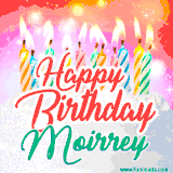 Bright birthday candles with rainbow flames on a cake, alongside the text 'Happy Birthday Moirrey' in vibrant script in this celebratory animated GIF.