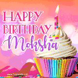 A vibrant birthday GIF featuring a rainbow-colored cupcake topped with white frosting, sprinkles, and a lit candle. The text reads 'Happy Birthday Moksha' in bold pink and violet letters with white outline.