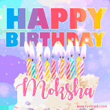 A vibrant animated name GIF with the words 'Happy Birthday Moksha' with colorful candles on a creamy cake. The background sparkles with pastel shades, adding a festive touch.