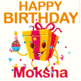 A vibrant and funny gift box character with a happy face dancing with a cupcake and the text 'Happy Birthday Moksha,' surrounded by animated confetti and party vibes.