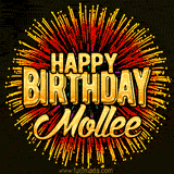 Golden 'Happy Birthday Mollee' text accompanied by animated rainbow fireworks for a festive animated greeting.
