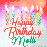 Bright birthday candles with rainbow flames on a cake, alongside the text 'Happy Birthday Molli' in vibrant script in this celebratory animated GIF.