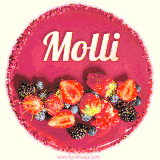 Beautifully decorated red velvet berry birthday cake with vibrant fruits and a glowing 'Molli' name, adding a touch of sweetness and sparkle.