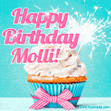A festive cupcake with pink icing, a gingham bow, and a lit animated sparkler, paired with 'Happy Birthday Molli!' in bright pink text.