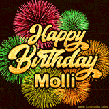 Golden text reading 'Happy Birthday Molli' surrounded by vibrant fireworks in red, green, and yellow, set against a dark background in this celebratory birthday GIF.