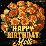 Animated bouquet of orange roses with moving butterfles and golden 'Happy Birthday Molli' text, surrounded by sparkling accents and a dark backdrop for a luxurious feel.
