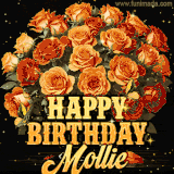 Animated bouquet of orange roses with moving butterfles and golden 'Happy Birthday Mollie' text, surrounded by sparkling accents and a dark backdrop for a luxurious feel.